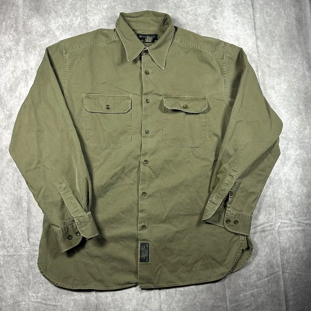 VTG Banana Republic Mens L Olive Green Cotton Military Work Shirt Long‎ Sleeve